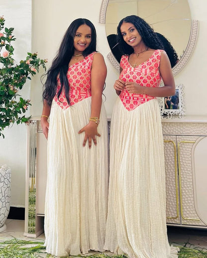Simple Modern Habesha Kemis with Pink Accents – Ethiopian Traditional Clothing – Habesha Clothing – Ethiopian Dress