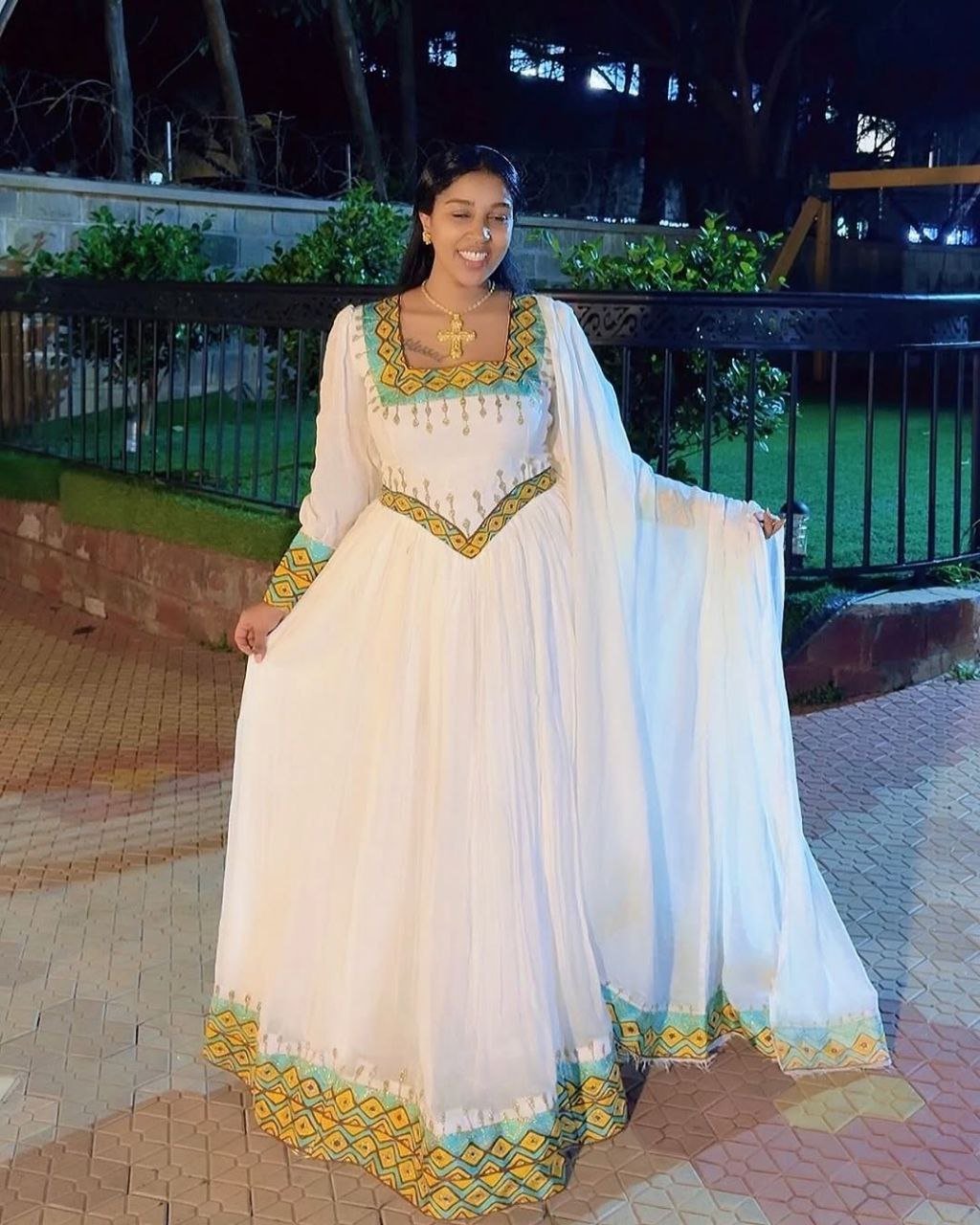 Beautiful Habesha Dress with Vibrant Green and Yellow Accents - Ethiopian Traditional Clothing - Eritrean Dress

