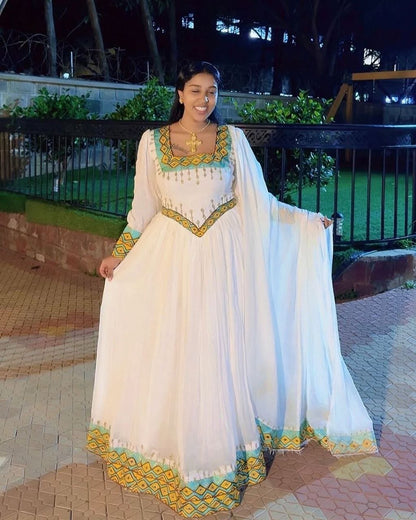 Beautiful Habesha Dress with Vibrant Green and Yellow Accents - Ethiopian Traditional Clothing - Eritrean Dress
