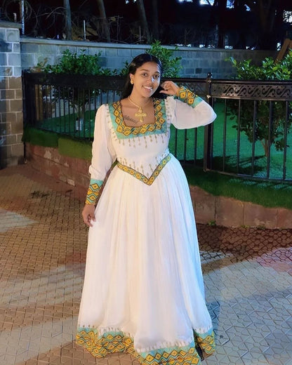 Beautiful Habesha Dress with Vibrant Green and Yellow Accents - Ethiopian Traditional Clothing - Eritrean Dress