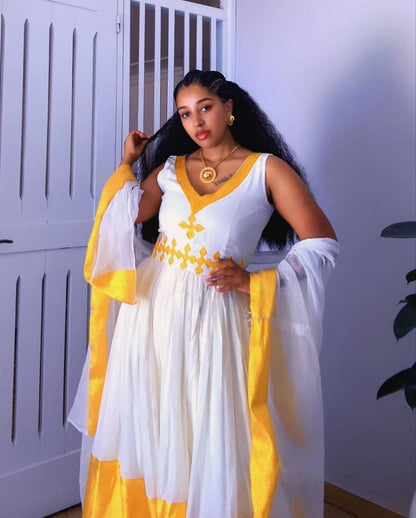 Elegant Habesha Kemis with Bright Yellow Accents - Ethiopian Traditional Clothing - Habesha Dress