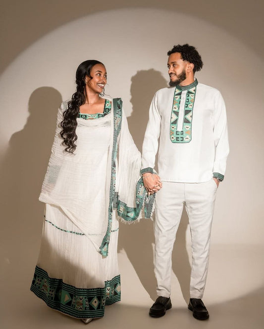 Elegant Green Accent Habesha Attire for Couples - Ethiopian Traditional Clothing - Habesha Wedding Dress