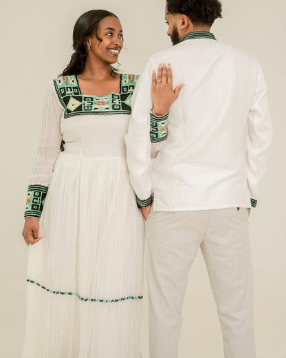 Elegant Green Accent Habesha Attire for Couples - Ethiopian Traditional Clothing - Habesha Wedding Dress