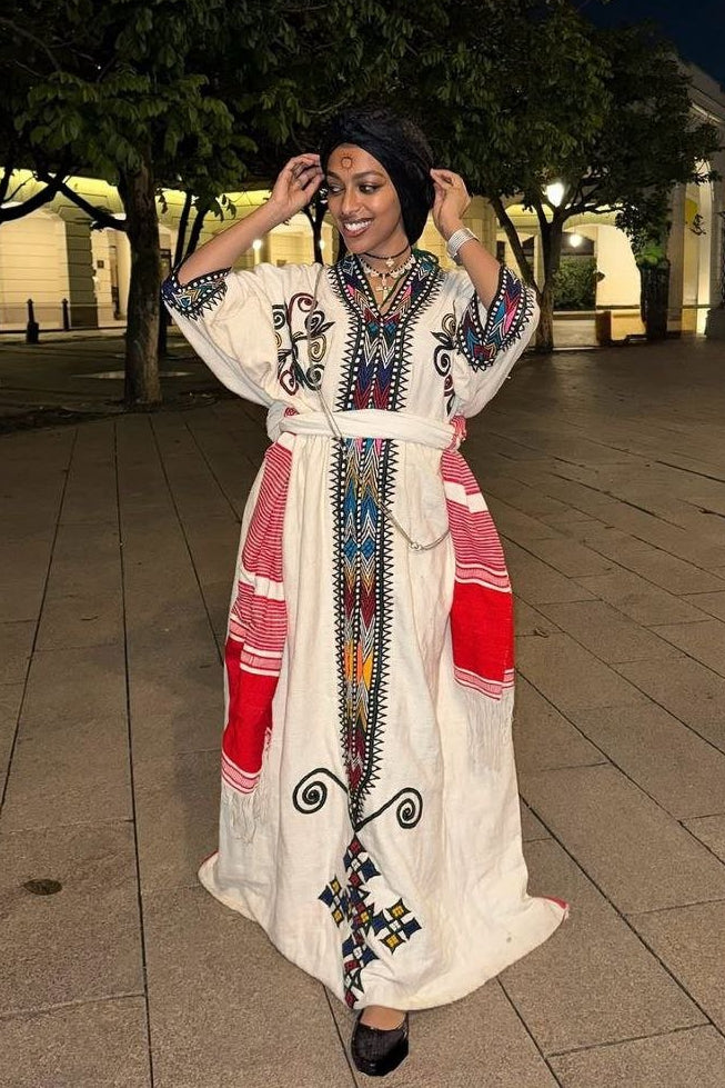Vibrant Habesha Kemis with Colorful Embroidery - Ethiopian Traditional Clothing - Habesha Dress
