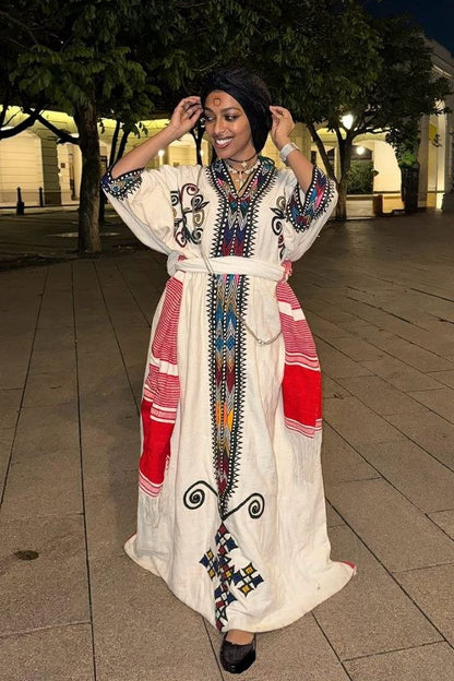 Vibrant Habesha Kemis with Colorful Embroidery - Ethiopian Traditional Clothing - Habesha Dress
