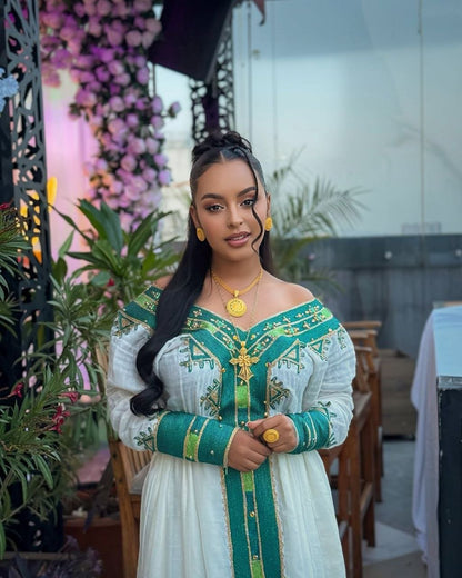 Beautiful Habesha Kemis With Teal and Gold Accents – Traditional Ethiopian Attire – Habesha Dress – Ethiopian Traditional Clothing