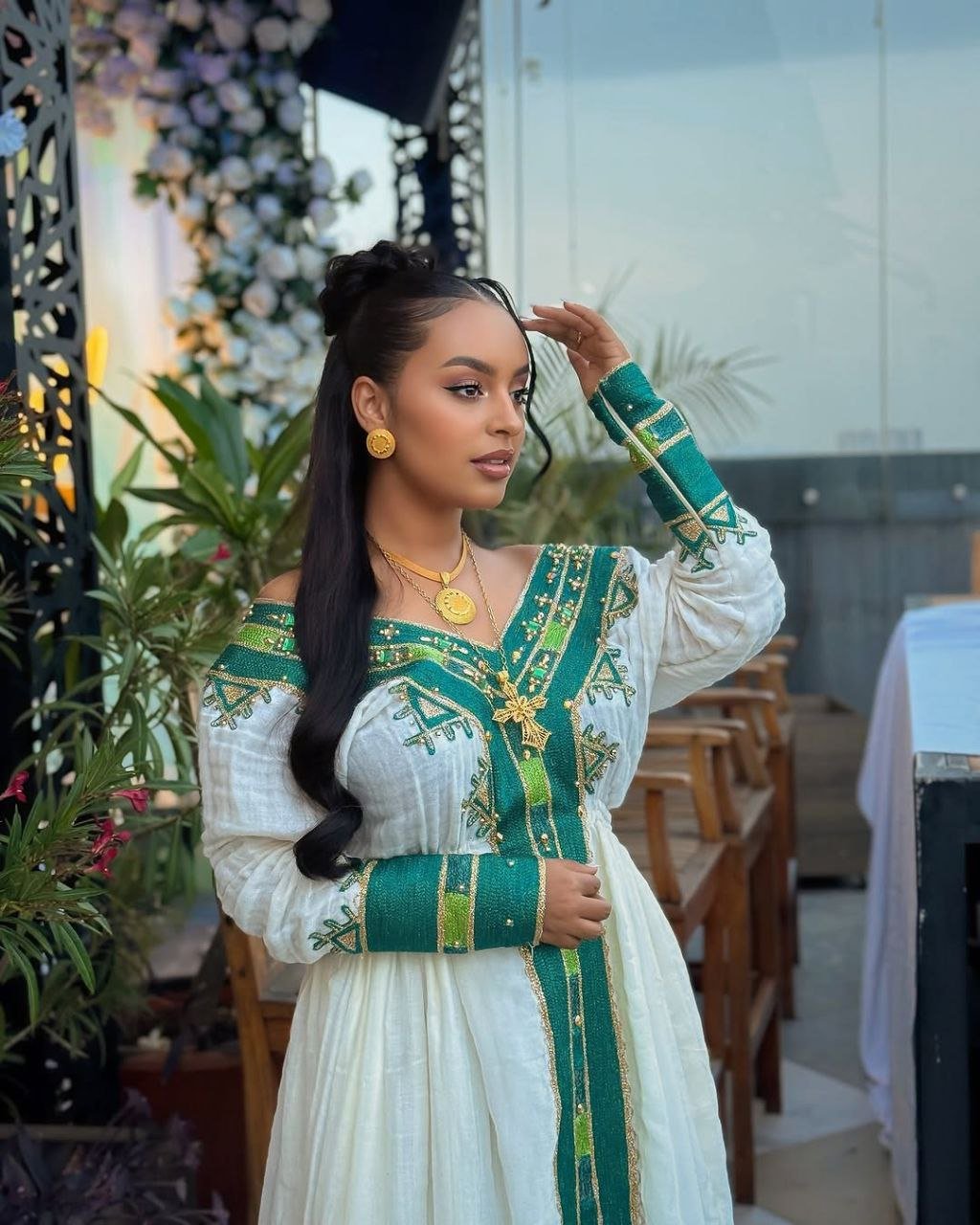 Beautiful Habesha Kemis With Teal and Gold Accents – Traditional Ethiopian Attire – Habesha Dress – Ethiopian Traditional Clothing