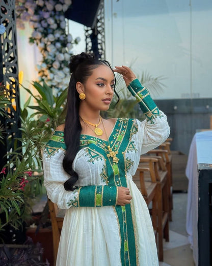 Beautiful Habesha Kemis With Teal and Gold Accents – Traditional Ethiopian Attire – Habesha Dress – Ethiopian Traditional Clothing