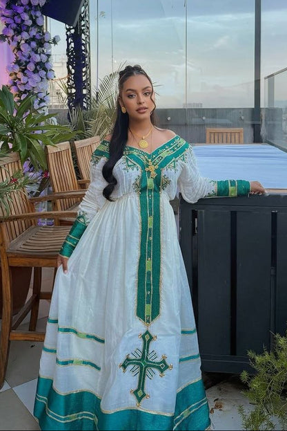 Beautiful Habesha Kemis With Teal and Gold Accents – Traditional Ethiopian Attire – Habesha Dress – Ethiopian Traditional Clothing 
