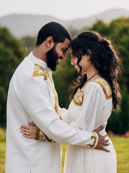 Elegant Golden Couples Outfit – Habesha Wedding Dress - Ethiopian Traditional Clothing - Cultural Dress