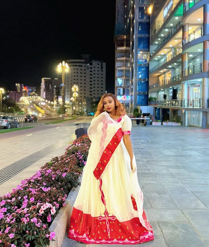 Elegant  Red Habesha Kemis with Intricate Details – Ethiopian Traditional Clothing – Habesha Dress – Ethiopian Dress