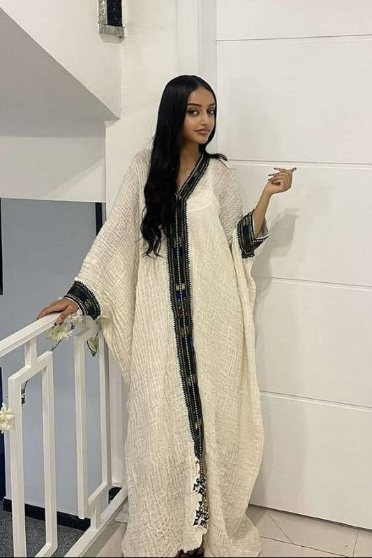 Simple Habesha Kemis with Intricate Black Accents – Ethiopian Traditional Clothing – Habesha Dress – Ethiopian Dress Traditional