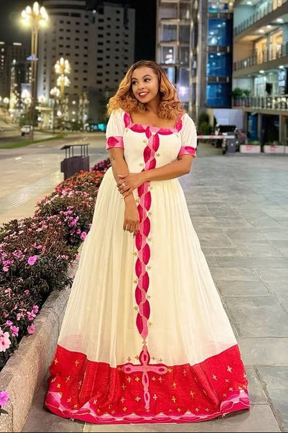 Elegant  Red Habesha Kemis with Intricate Details – Ethiopian Traditional Clothing – Habesha Dress – Ethiopian Dress