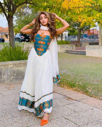 Modern Habesha Kemis with Teal and Orange Patterns – Habesha Clothing – Habesha Dress – Ethiopian Traditional Clothing
