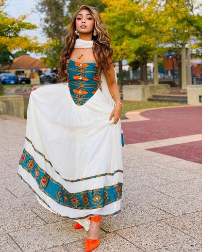 Modern Habesha Kemis with Teal and Orange Patterns – Habesha Clothing – Habesha Dress – Ethiopian Traditional Clothing