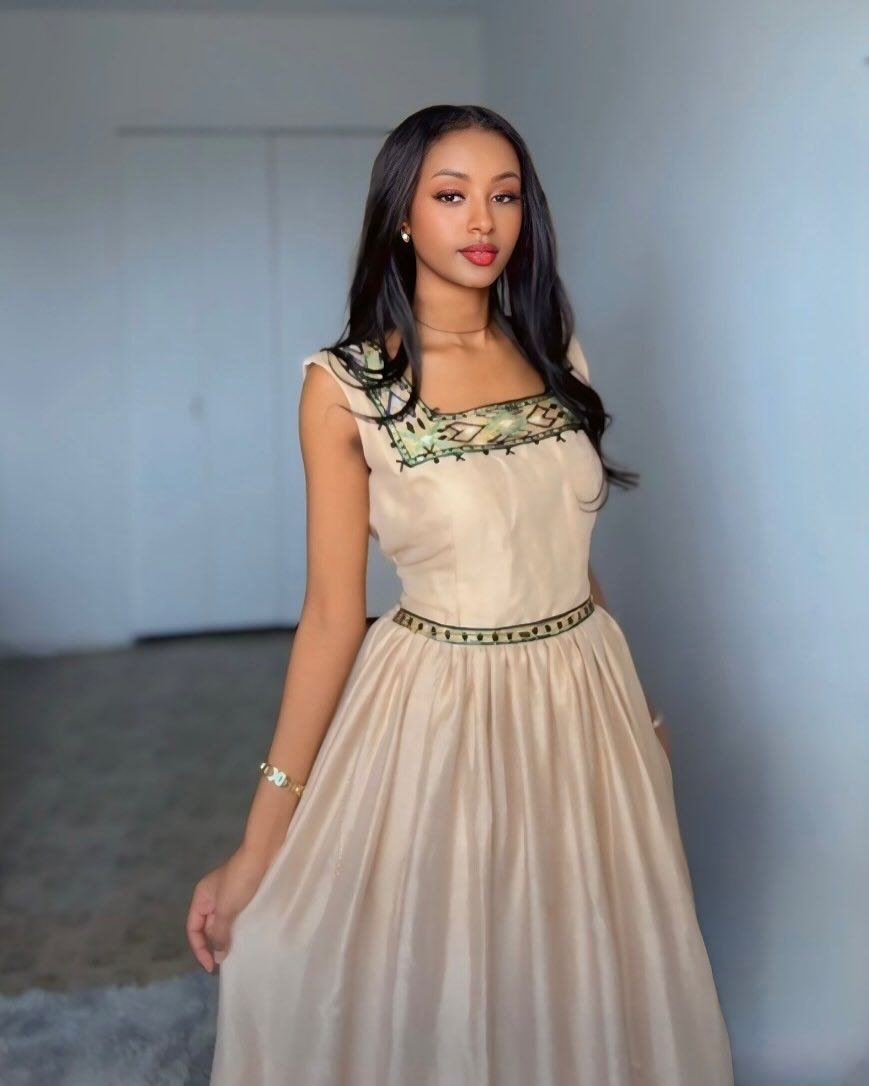 Elegant Beige Dress with Green Accents – Habesha Dress – Habesha Kemis – Ethiopian Traditional Clothing
