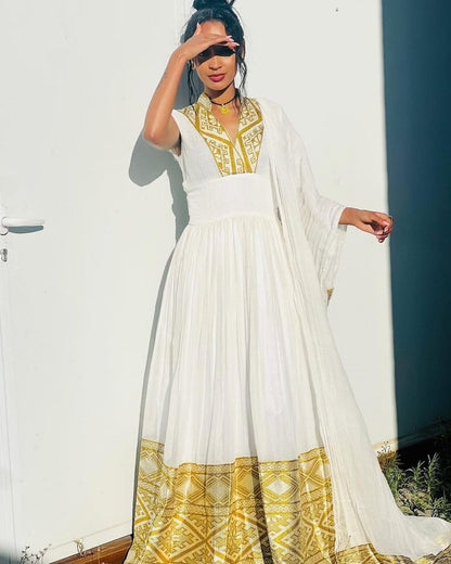 Elegant Habesha Kemis with Gold Accents – Traditional Ethiopian Dress – Habesha Clothing