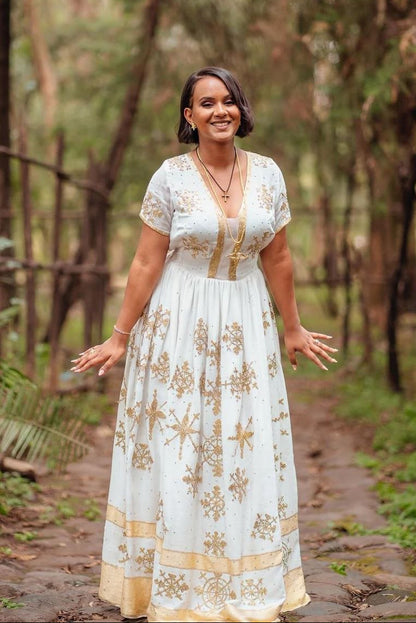 Stunning Habesha Kemis with Gold Floral Accents – Habesha Dress – Traditional Ethiopian Clothing – Cultural Dress

