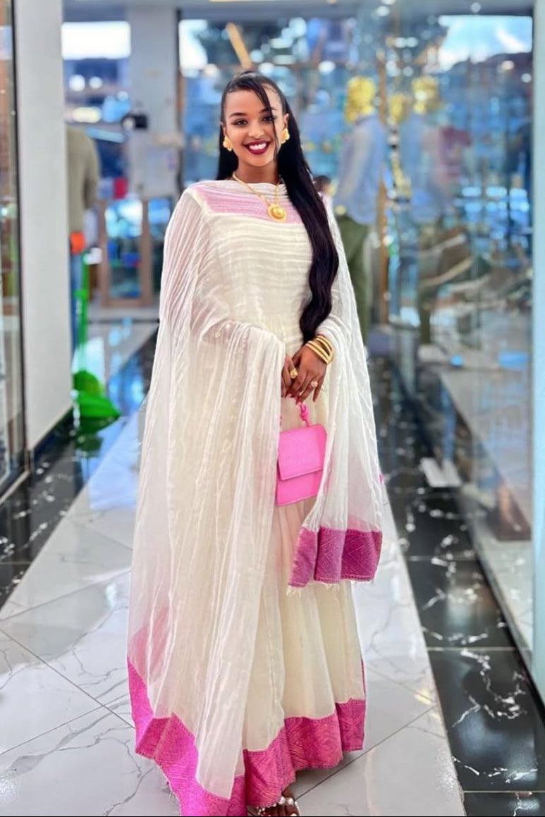 Simple Habesha Kemis with Pink Accents – Habesha Dress – Ethiopian Traditional Clothing – Habesha Clothing