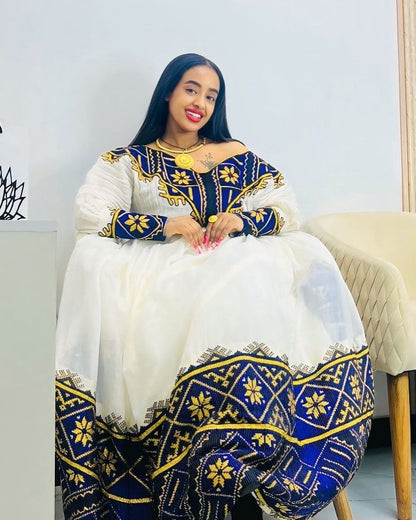 Gorgeous Habesha Kemis with Blue and Gold Accents – Habesha Dress – Habesha Clothing