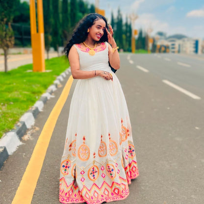Beautiful Habesha Kemis with Colorful Floral Accents – Eritrean Clothing – Habesha Dress