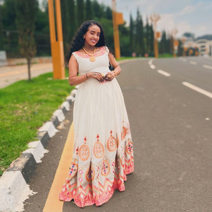 Beautiful Habesha Kemis with Colorful Floral Accents – Eritrean Clothing – Habesha Dress

