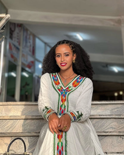 Beautiful Habesha Kemis with Colorful Accents – Traditional Ethiopian Dress – Cultural Dress