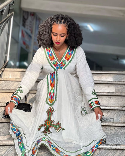 Beautiful Habesha Kemis with Colorful Accents – Traditional Ethiopian Dress – Cultural Dress