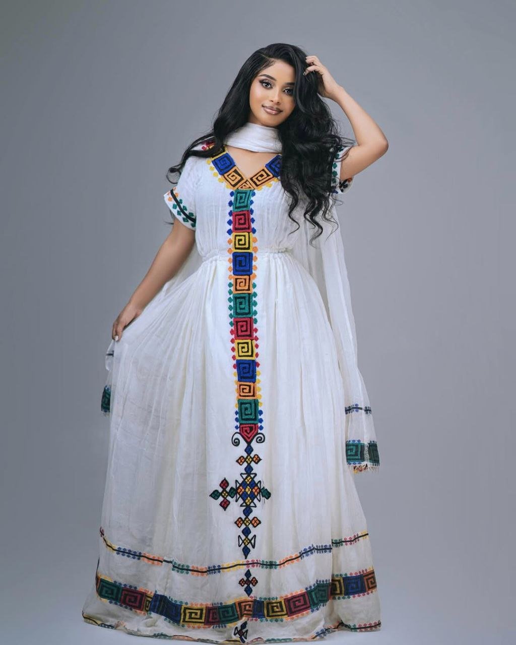 Simple Traditional Habesha Kemis with Colorful Geometric Patterns – Eritrean Dress – Habesha Clothing
