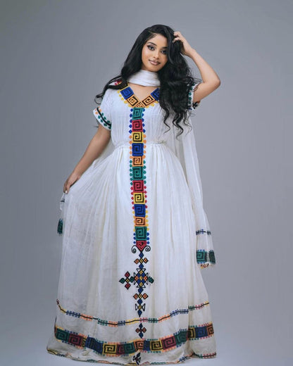 Simple Traditional Habesha Kemis with Colorful Geometric Patterns – Eritrean Dress – Habesha Clothing