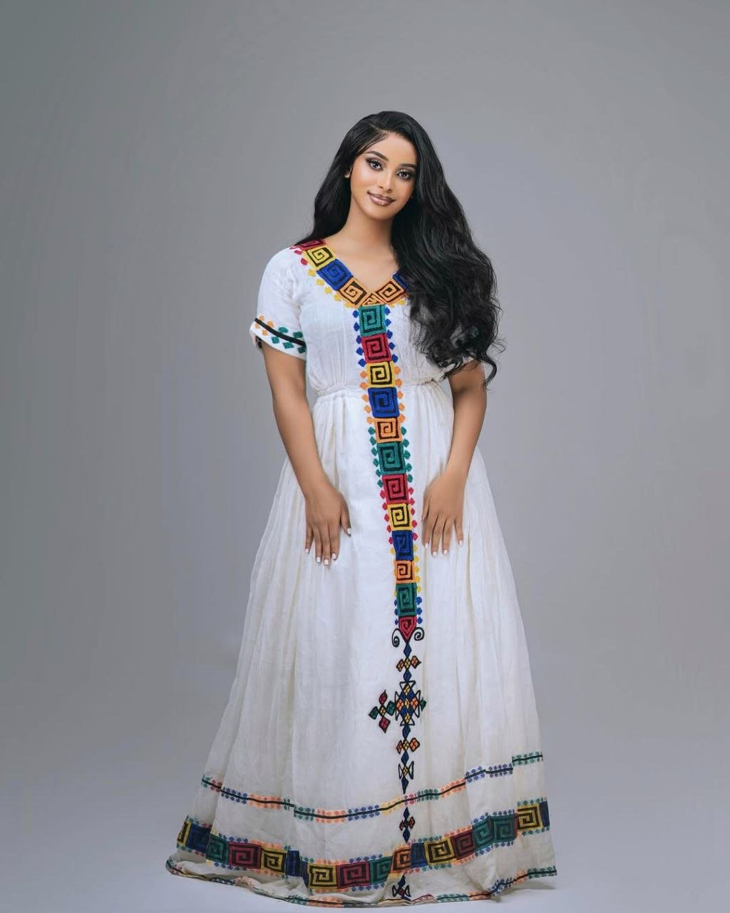 Simple Traditional Habesha Kemis with Colorful Geometric Patterns – Eritrean Dress – Habesha Clothing