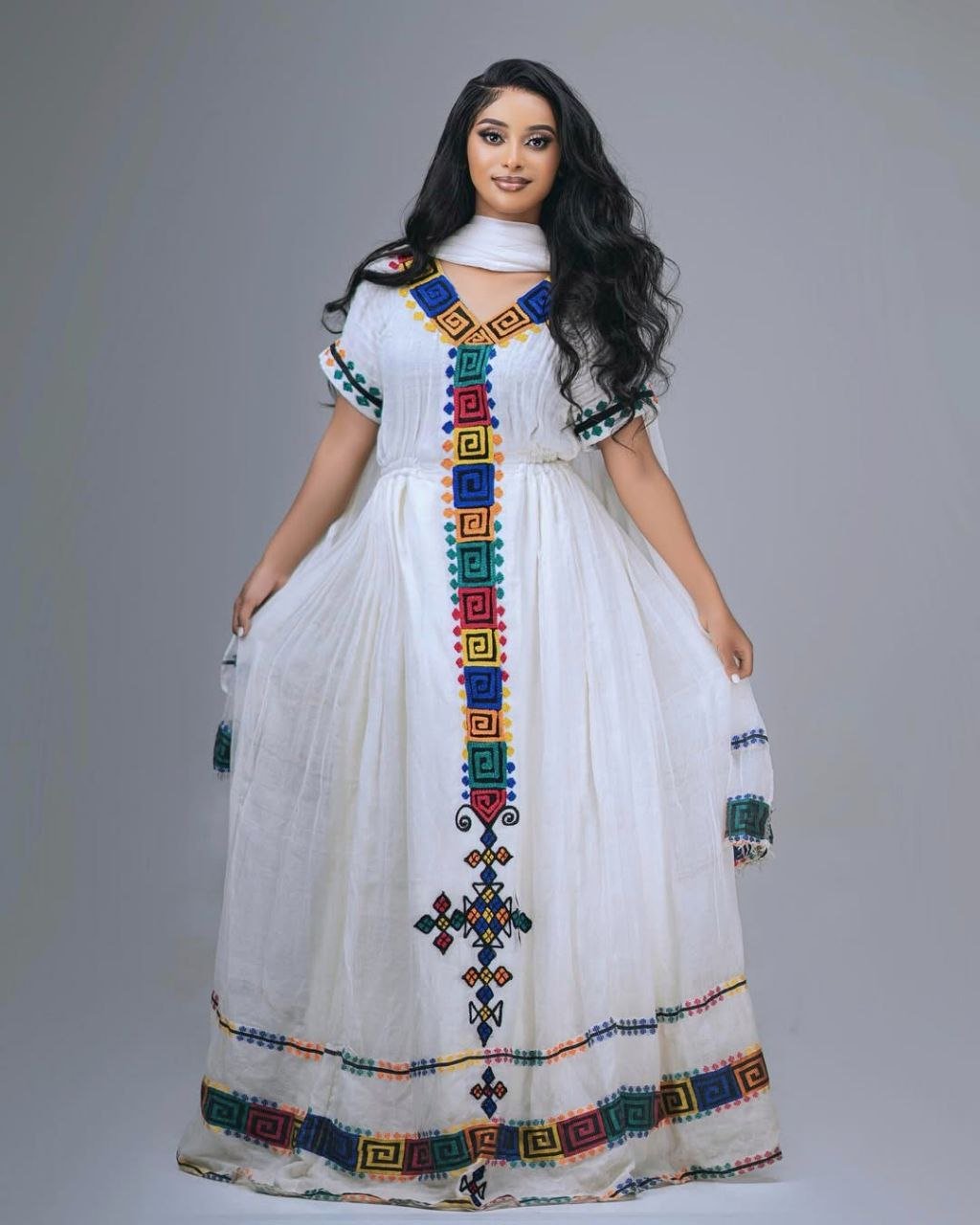 Simple Traditional Habesha Kemis with Colorful Geometric Patterns – Eritrean Dress – Habesha Clothing
