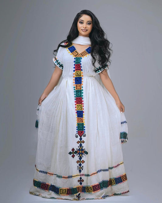 Simple Traditional Habesha Kemis with Colorful Geometric Patterns – Eritrean Dress – Habesha Clothing
