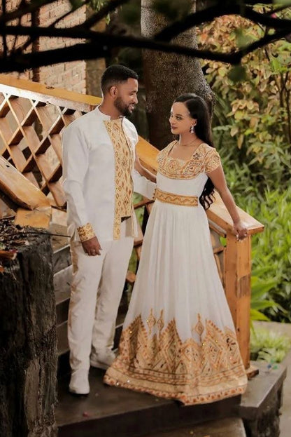 Elegant Ethiopian Couple in Traditional Gold Wedding Attire – Habesha Kemis – Ethiopian Wedding Dress – Eritrean Clothing
