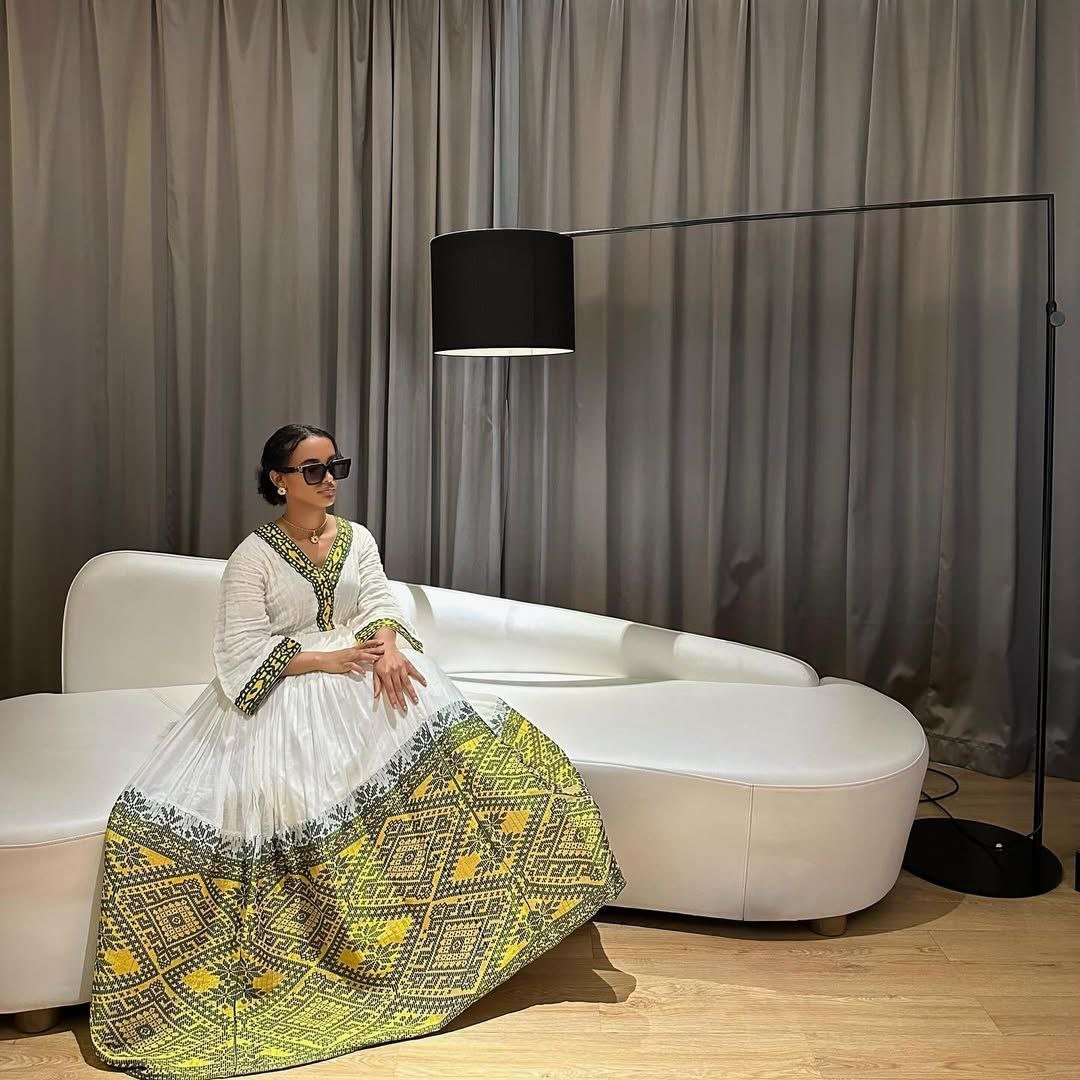 Vibrant Traditional Habesah Kemis with Yellow and Green Accents – Ethiopian Traditional Clothing – Cultural Dress