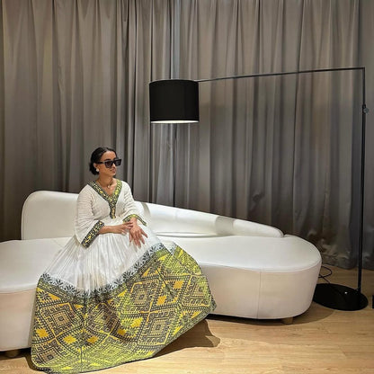 Vibrant Traditional Habesah Kemis with Yellow and Green Accents – Ethiopian Traditional Clothing – Cultural Dress