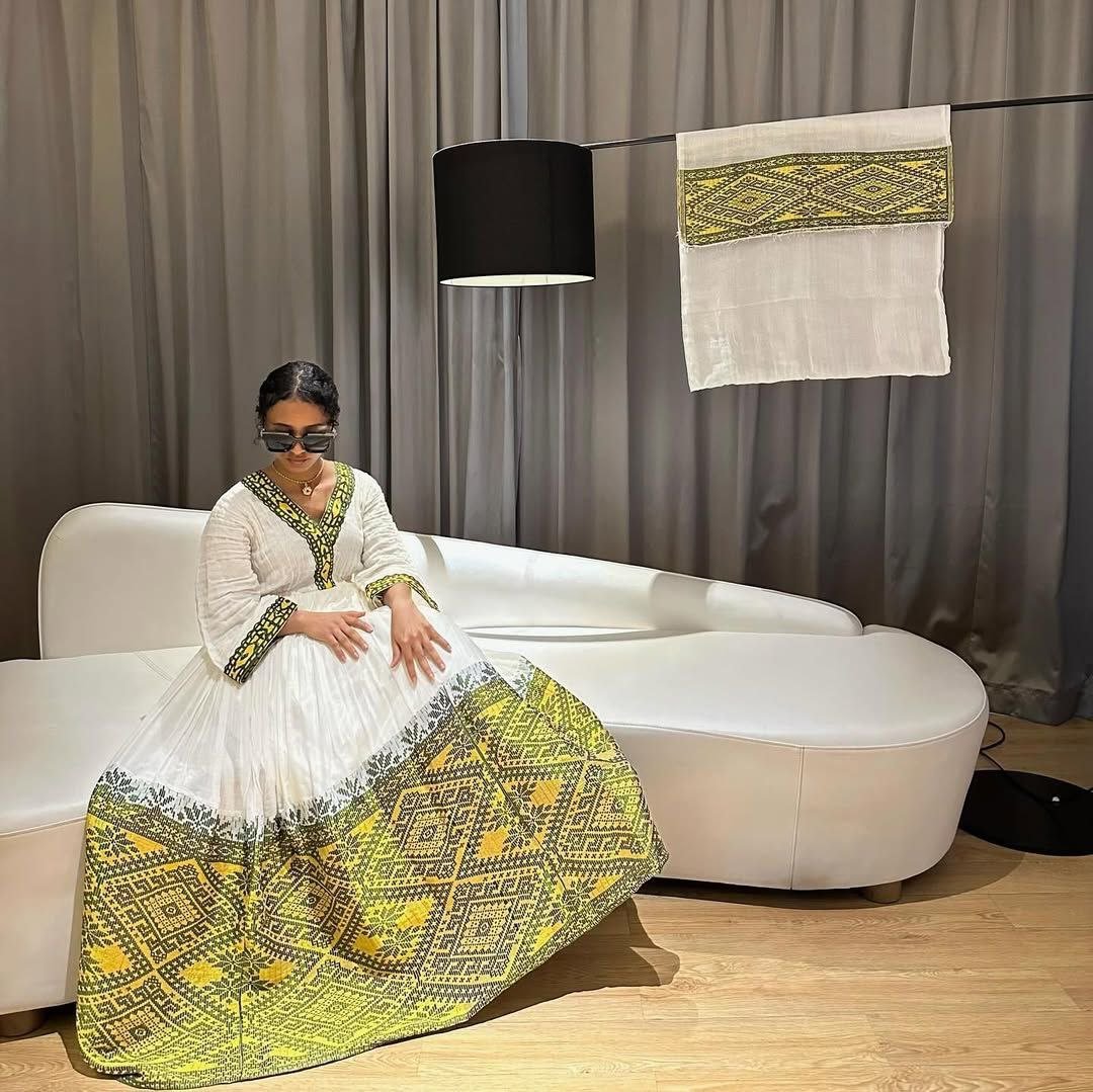 Vibrant Traditional Habesah Kemis with Yellow and Green Accents – Ethiopian Traditional Clothing – Cultural Dress
