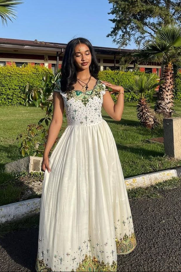 Green & Gold Habesha Kemis Elegant Eritrean & Ethiopian Dress