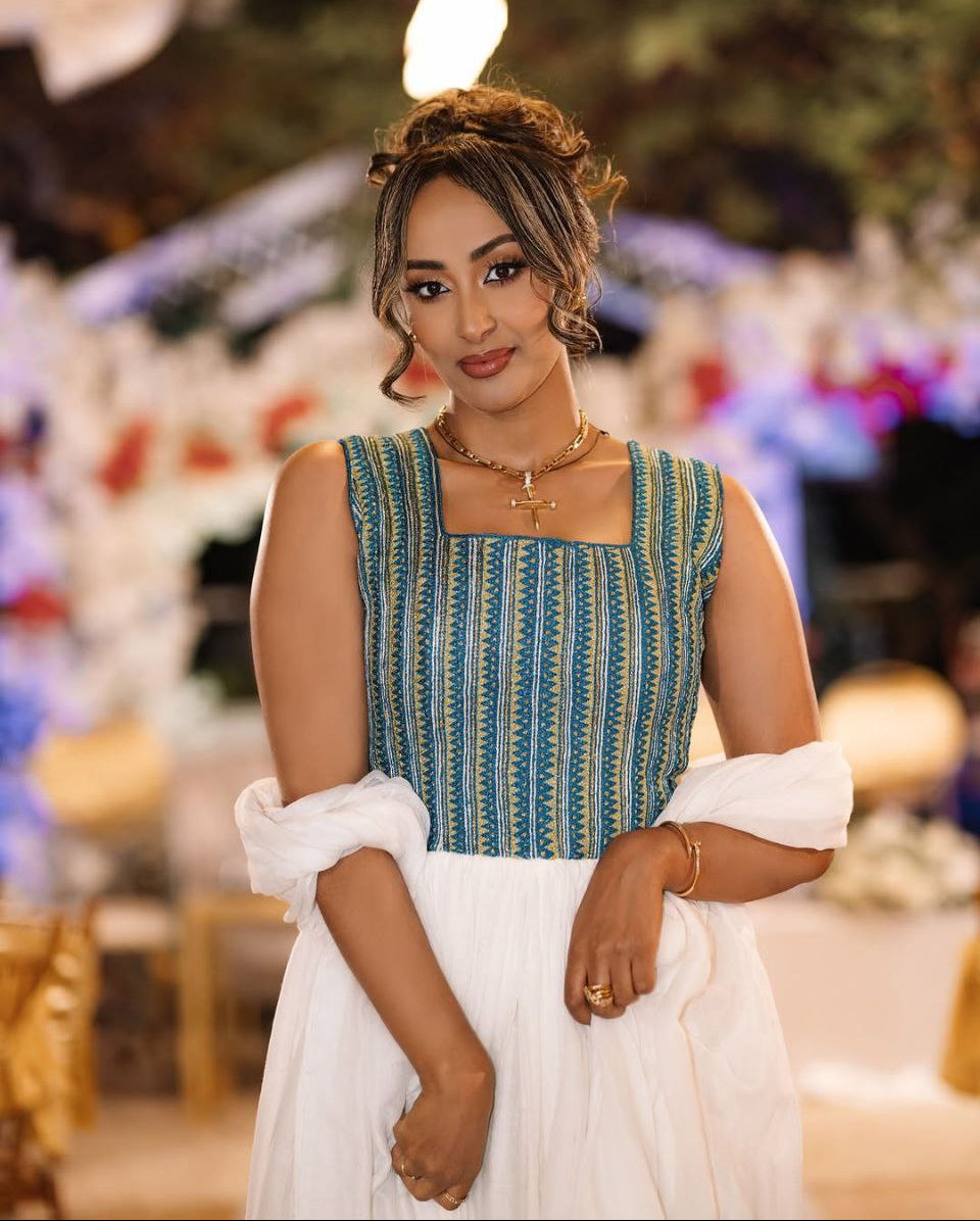 Timeless  Habesha Kemis with Blue Accents – Traditional Ethiopian Dress