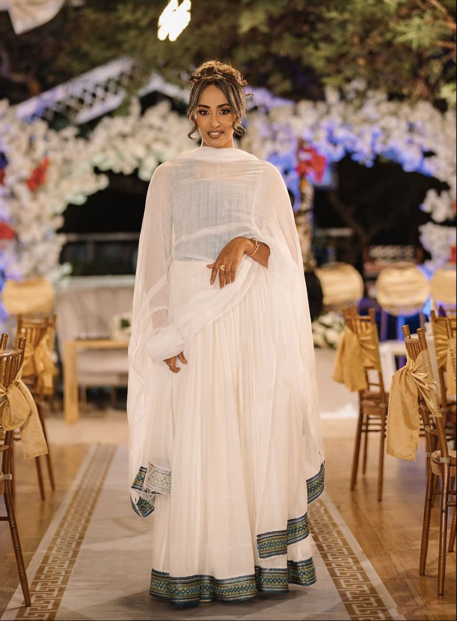 Timeless  Habesha Kemis with Blue Accents – Traditional Ethiopian Dress
