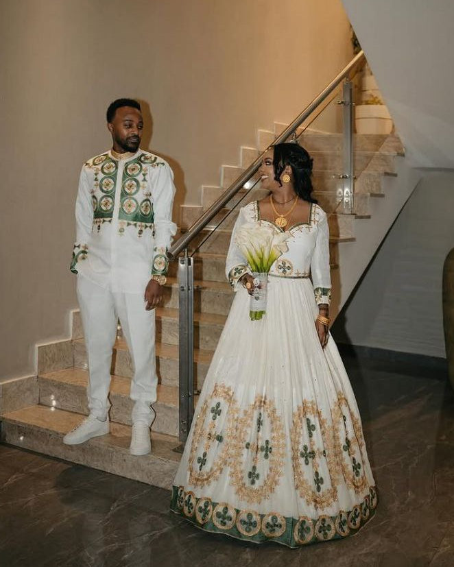 Luxurious Habesha Wedding Outfit for Couples – Ethiopian Traditional Attire with Green & Gold Embroidery