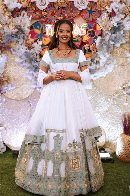 Exquisite  Ethiopian Bridal Dress  Handcrafted Golden & Soft Blue Embroidered Habesha Kemis