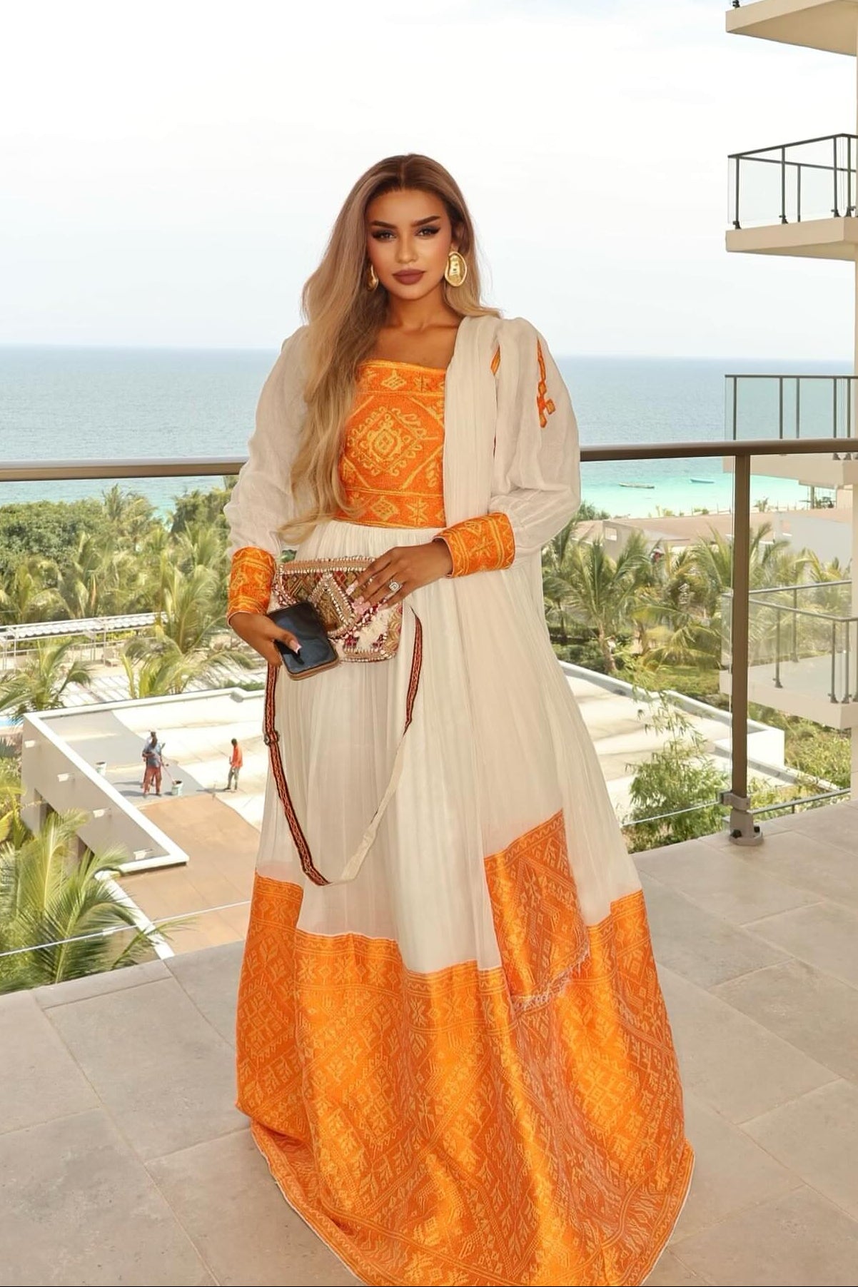 Elegant Habesha Kemis Vibrant Orange Ethiopian Dress