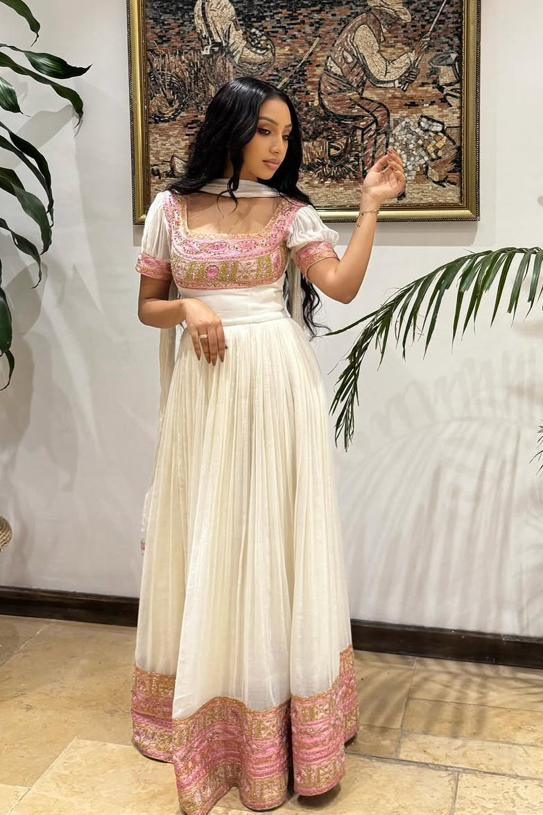 Chic Habesha Kemis with Pink Embroidery Ethiopian Clothing for Events