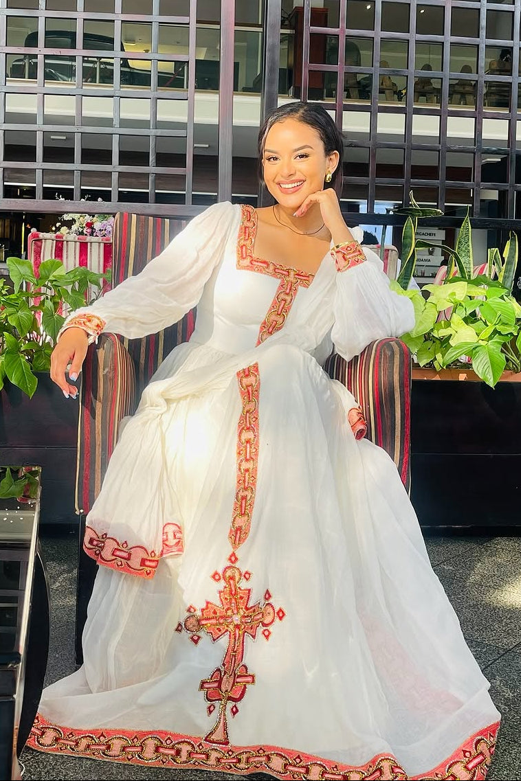Stunning Habesha Dress with Red Embroidery