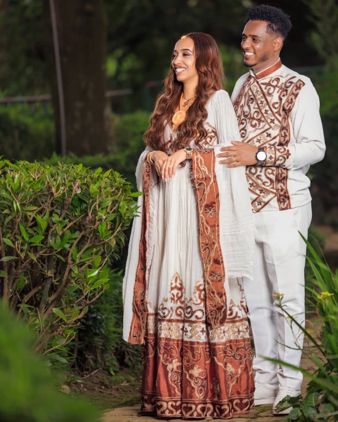Elegant Brown Embroidered Couples Outfit for Celebrations Habesha Couple's Outfit 
