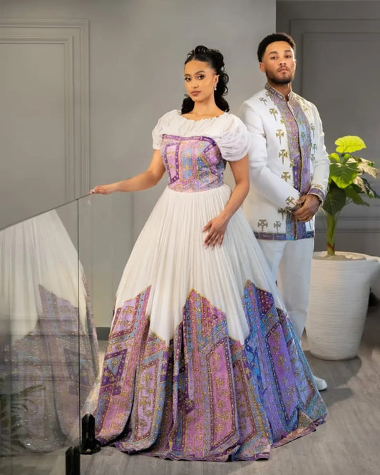 Royal Ethiopian Couple's Attire with Purple & Gold Cross Motifs