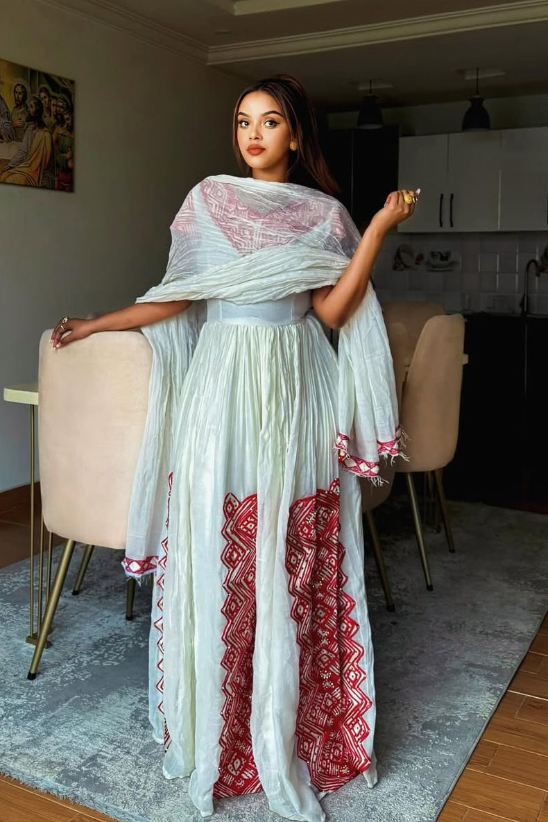Traditional White Ethiopian Dress with Red Embroidery and Netela Shawl