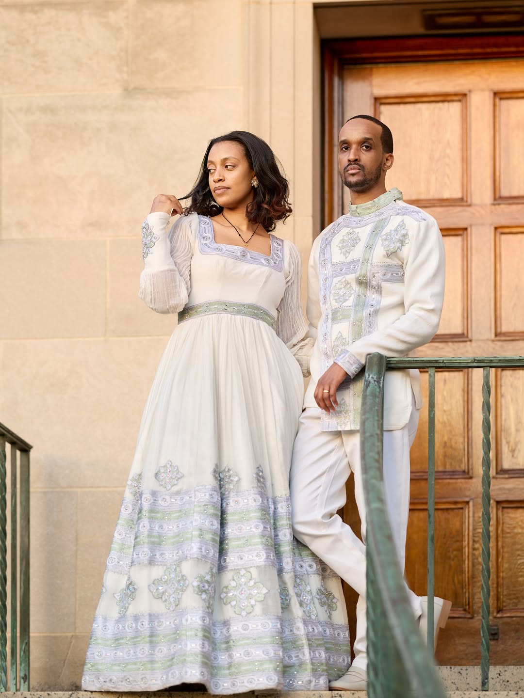 Elegant Ethiopian Traditional Couple Outfit in White with Silver Embroidery

