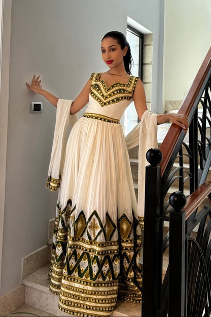 Festive Wear Ethiopian Traditional Dress Gold Embroidery Habesha dress Sleeveless Habesha Kemis 0031